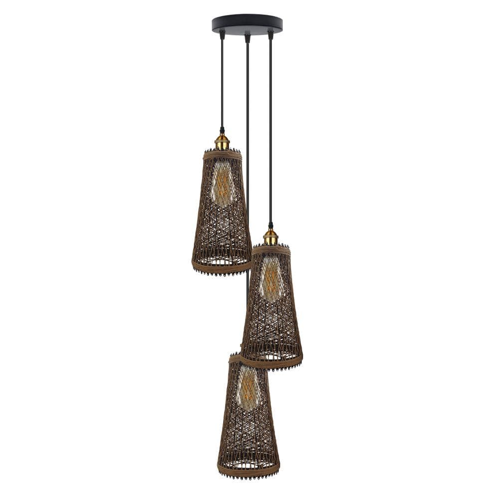 image-3 Head Natural Wicker Basket Style Retro Industrial Vintage Rattan Ceiling Pendant