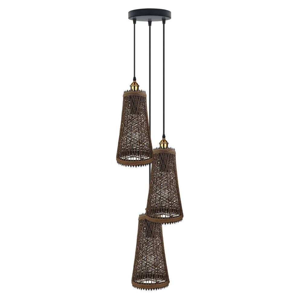 image-3 Head Natural Wicker Basket Style Retro Industrial Vintage Rattan Ceiling Pendant
