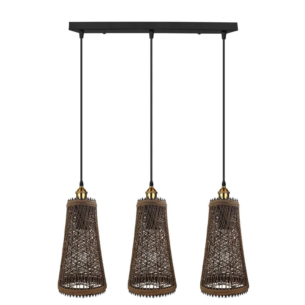 image-3 Head Natural Wicker Basket Style Retro Industrial Vintage Rattan Ceiling Pendant