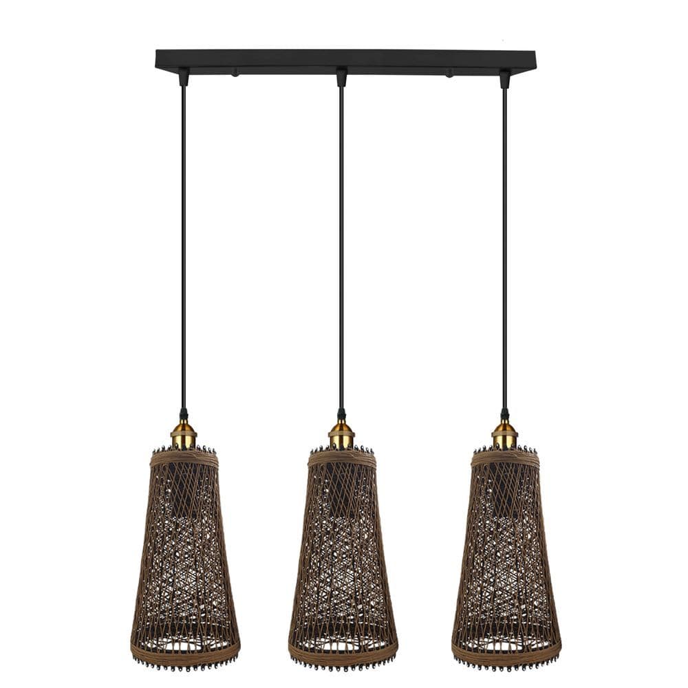 image-3 Head Natural Wicker Basket Style Retro Industrial Vintage Rattan Ceiling Pendant