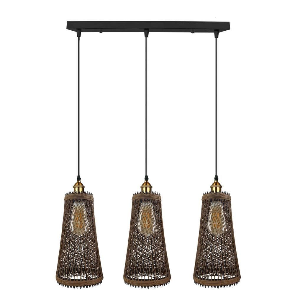image-3 Head Natural Wicker Basket Style Retro Industrial Vintage Rattan Ceiling Pendant