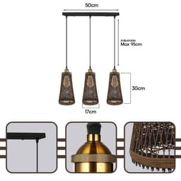 image-3 Head Natural Wicker Basket Style Retro Industrial Vintage Rattan Ceiling Pendant