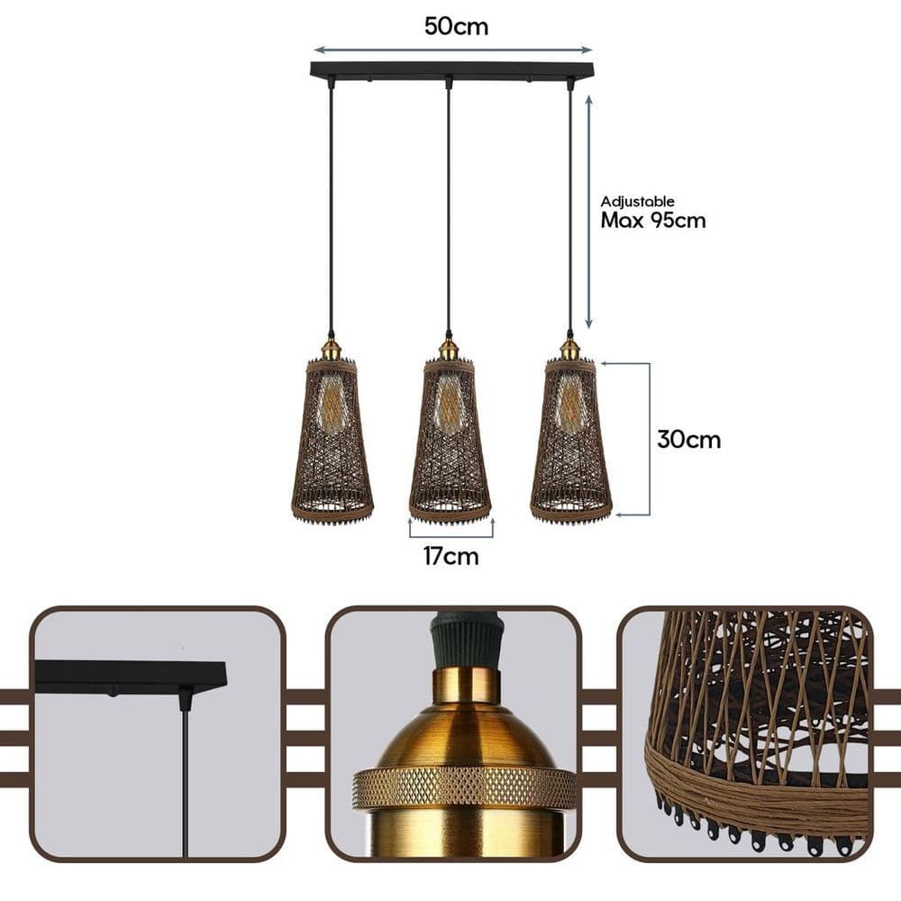 image-3 Head Natural Wicker Basket Style Retro Industrial Vintage Rattan Ceiling Pendant