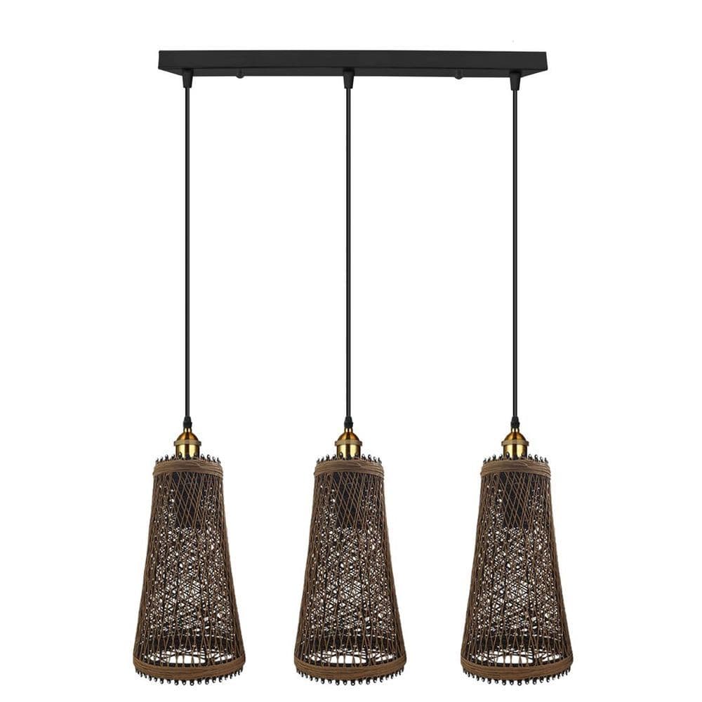 image-3 Head Natural Wicker Basket Style Retro Industrial Vintage Rattan Ceiling Pendant