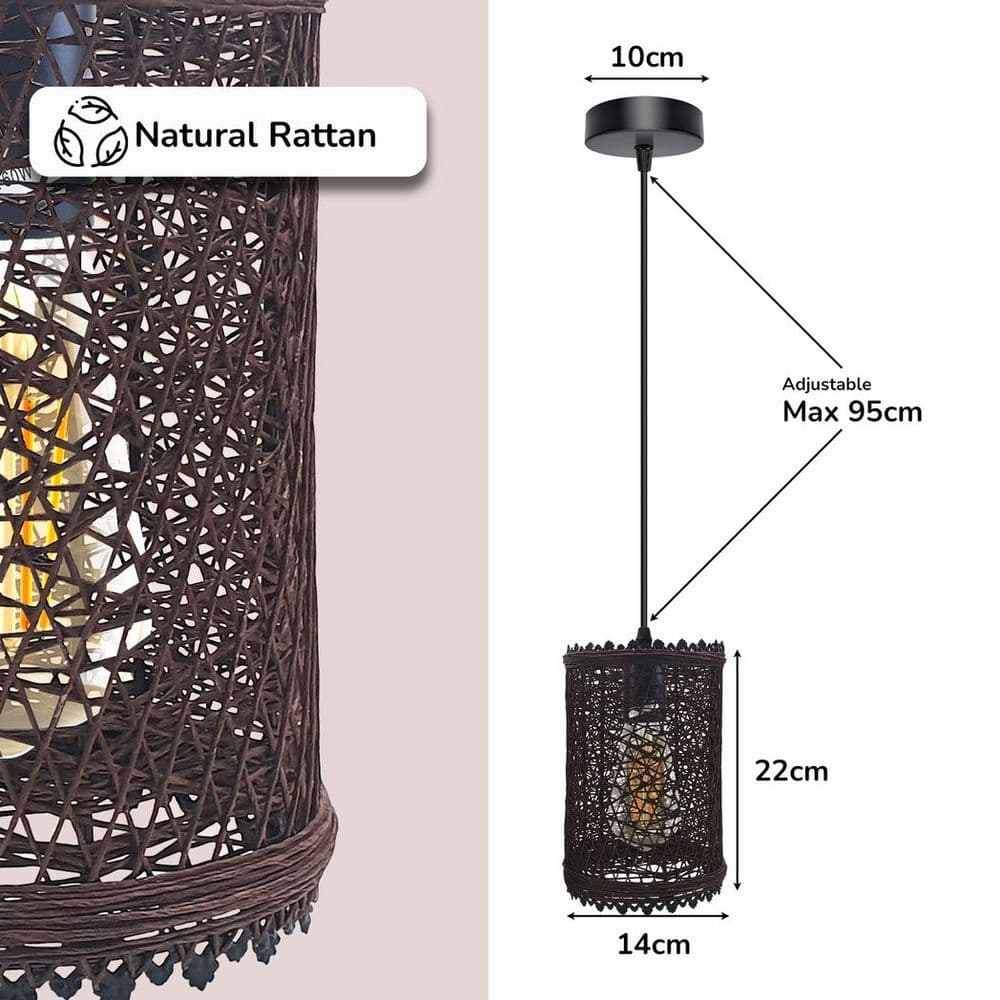 image-Single Natural Wicker Rattan Ceiling Pendant Light Shade E27 Base Adjustable cord Handmade Pendant Lighting Fixture