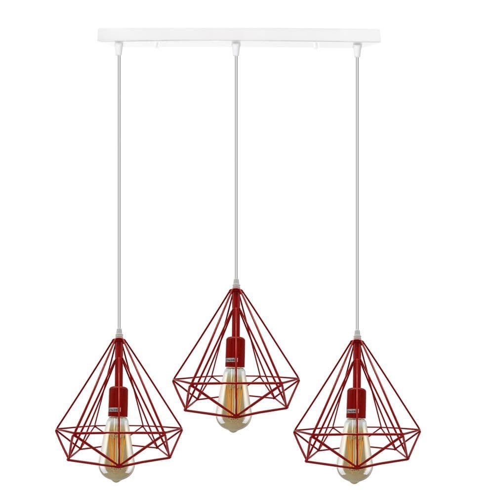 image-3 Head Red Rectangle Base Vintage Industrial E27 Ceiling Hanging Light Cage Shade Loft Style Metal Ceiling Pendant Lamp