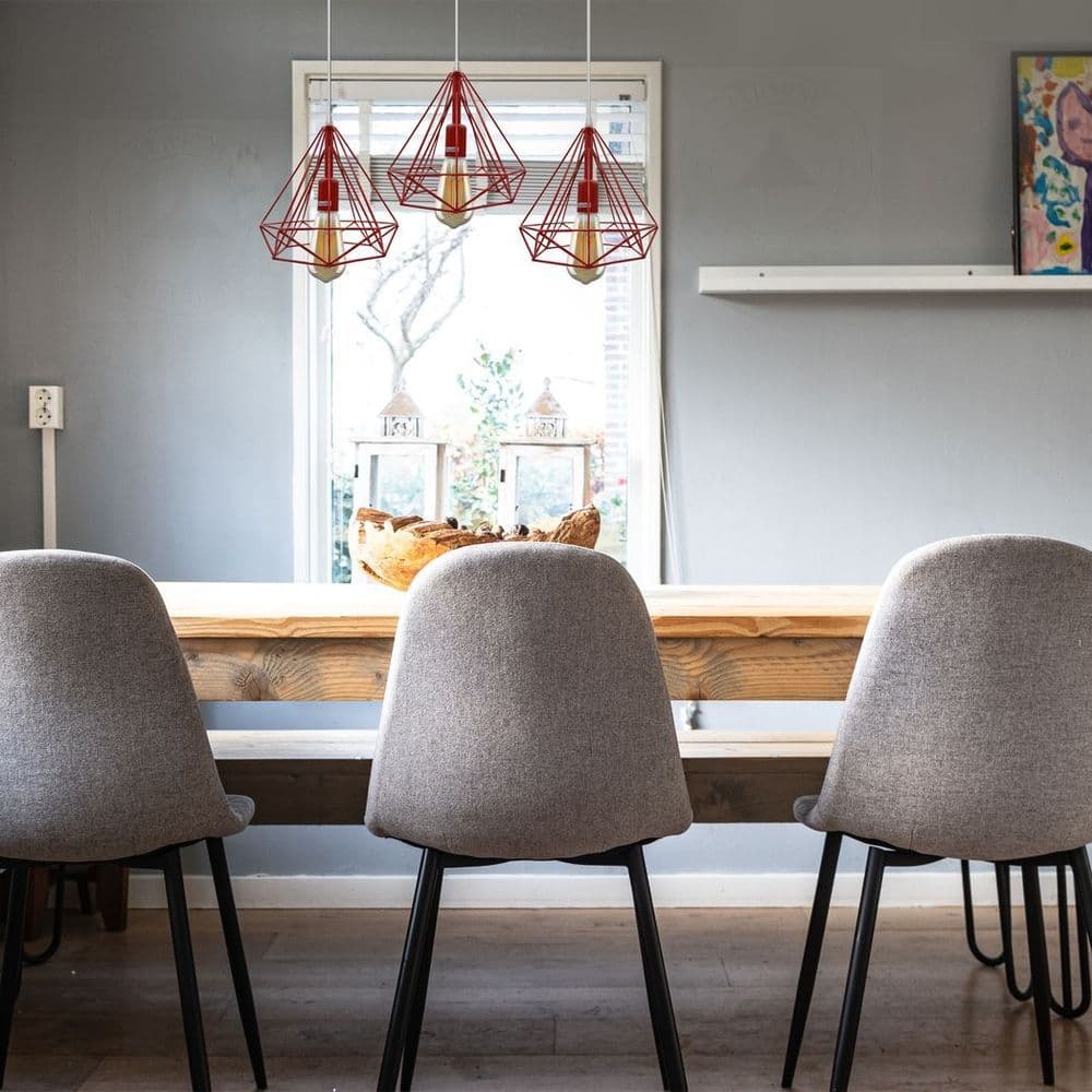 image-3 Head Red Rectangle Base Vintage Industrial E27 Ceiling Hanging Light Cage Shade Loft Style Metal Ceiling Pendant Lamp