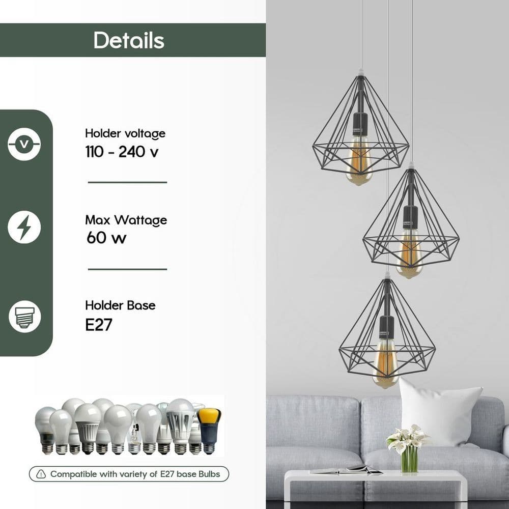 image-3 Head Round Base Vintage Industrial E27 Ceiling Hanging Light Cage Shade Loft Style Metal Ceiling Pendant Lamp