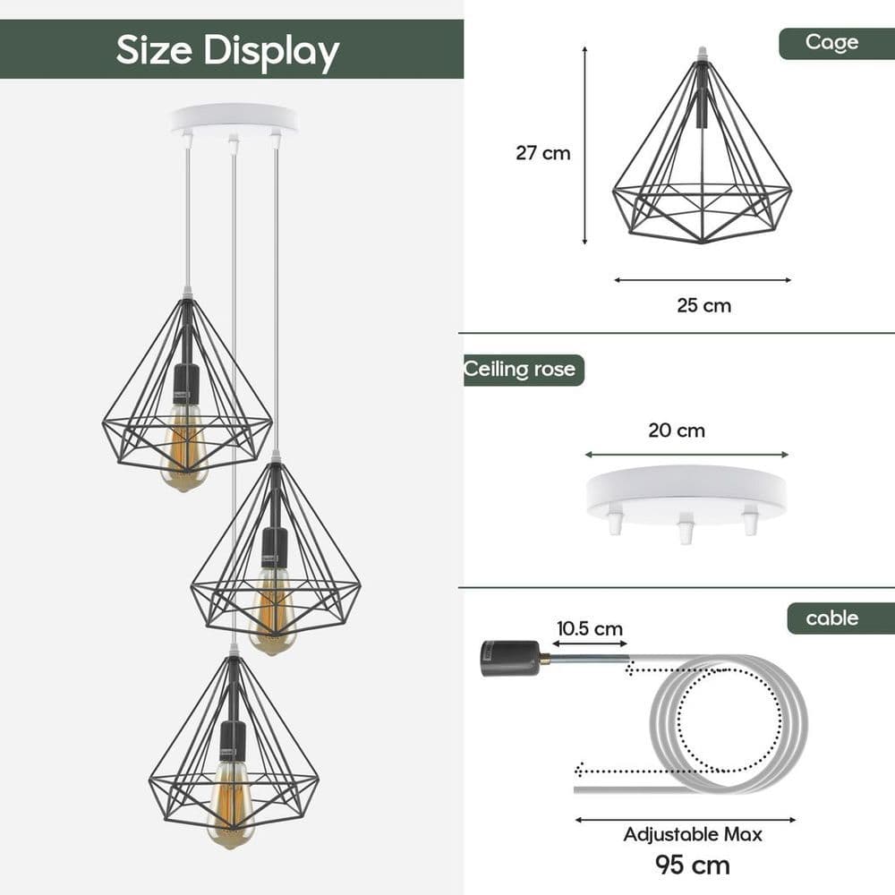 image-3 Head Round Base Vintage Industrial E27 Ceiling Hanging Light Cage Shade Loft Style Metal Ceiling Pendant Lamp
