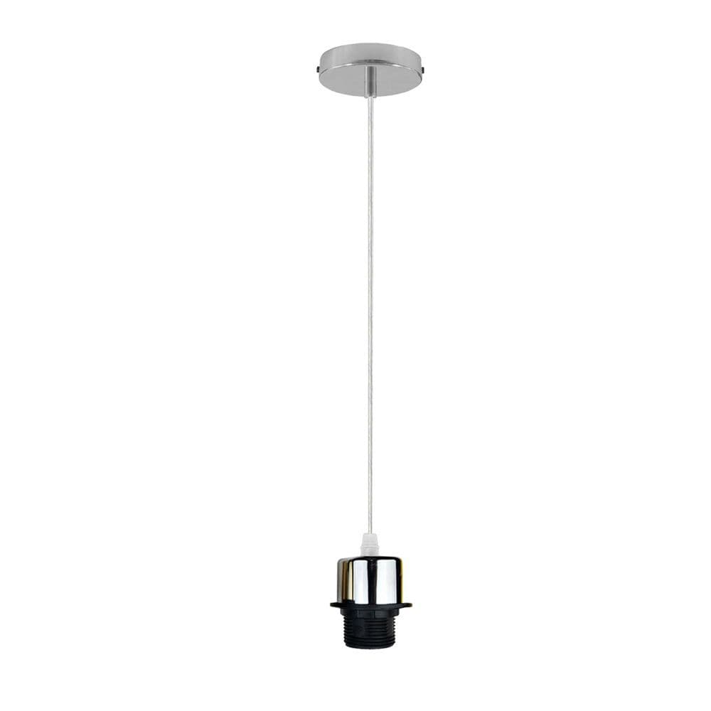 image-Industrial Chrome Pendant Light Fitting, Lampshade Addable E27 Lamp Holder E27 UK Holder Fitting Set With PVC Cable.