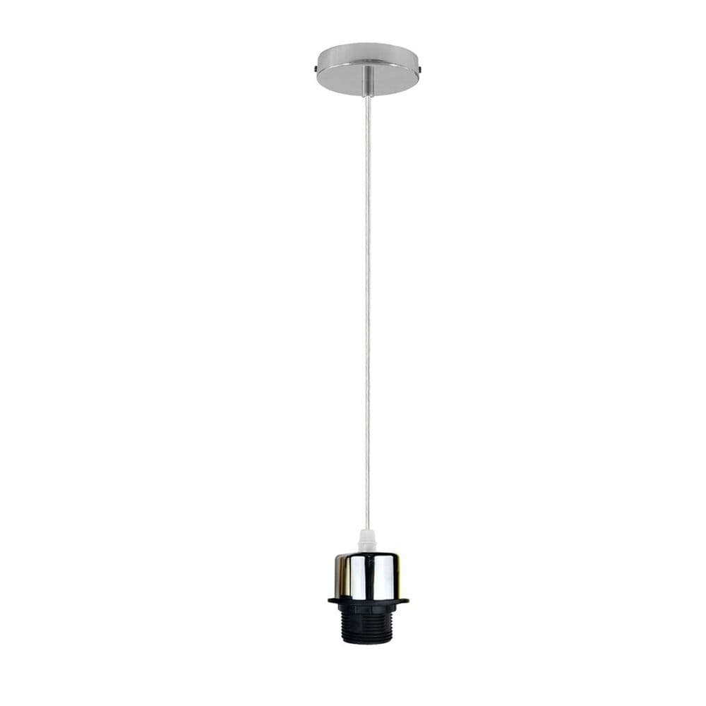 image-Industrial Chrome Pendant Light Fitting, Lampshade Addable E27 Lamp Holder E27 UK Holder Fitting Set With PVC Cable.