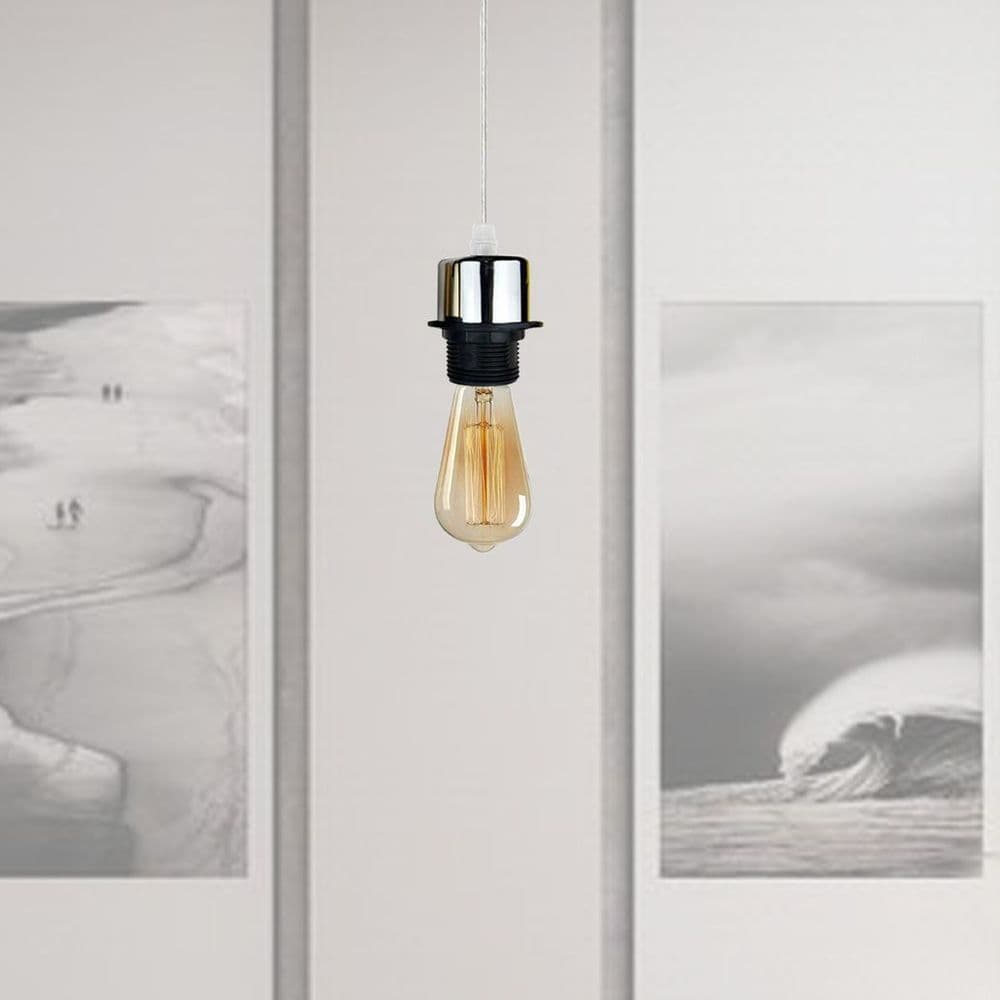 image-Industrial Chrome Pendant Light Fitting, Lampshade Addable E27 Lamp Holder E27 UK Holder Fitting Set With PVC Cable.