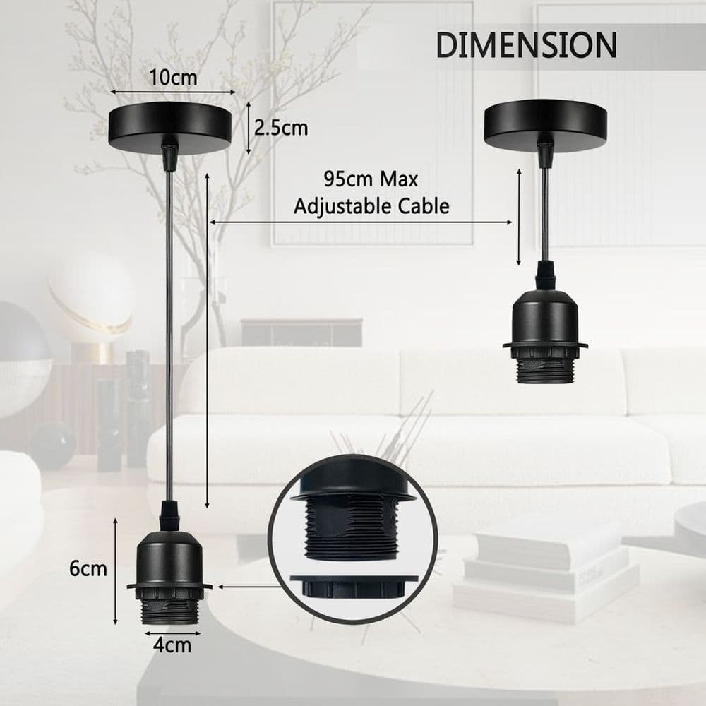 image-Industrial Chrome Pendant Light Fitting, Lampshade Addable E27 Lamp Holder E27 UK Holder Fitting Set With PVC Cable.