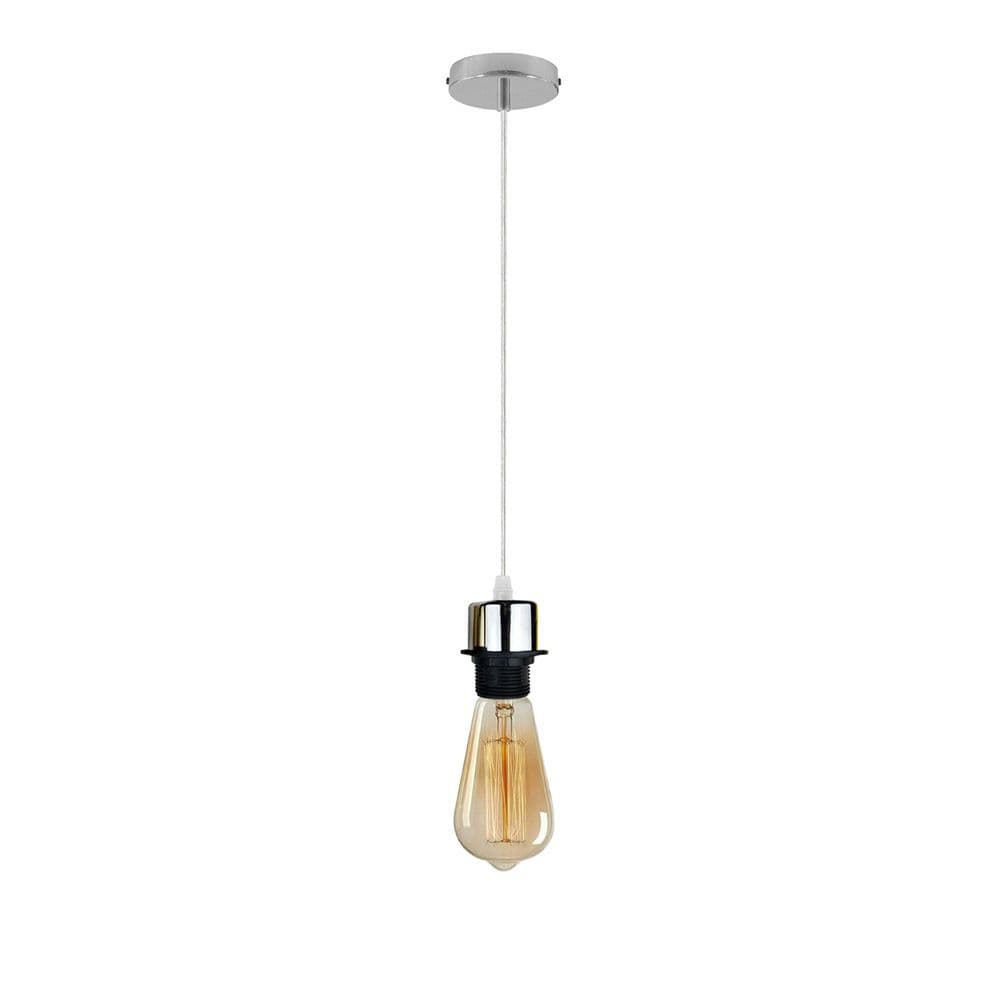 image-Industrial Chrome Pendant Light Fitting, Lampshade Addable E27 Lamp Holder UK Holder Fitting Set With PVC Cable.
