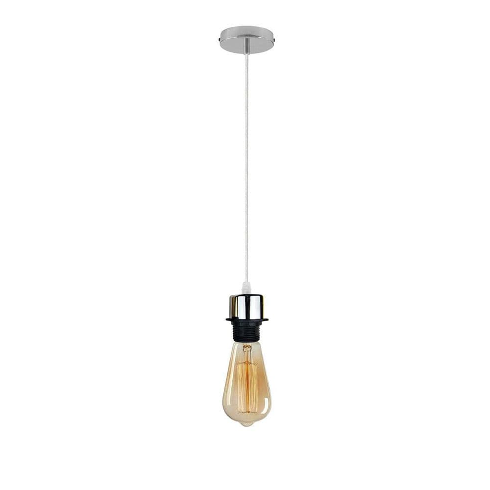 image-Industrial Chrome Pendant Light Fitting, Lampshade Addable E27 Lamp Holder UK Holder Fitting Set With PVC Cable.