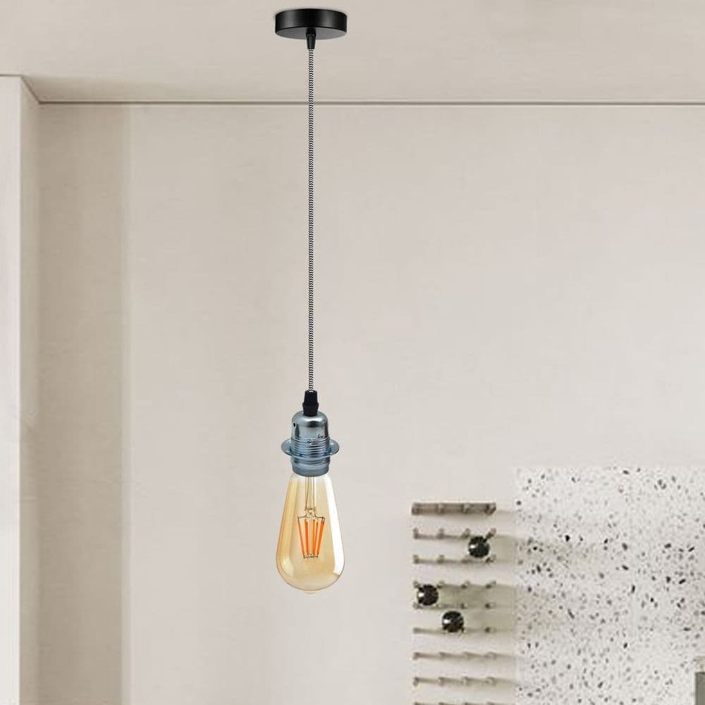 image-Vintage Industrial Chrome Pendant Light Fitting, lampshade Holder Fitting Set with 2m Cable.