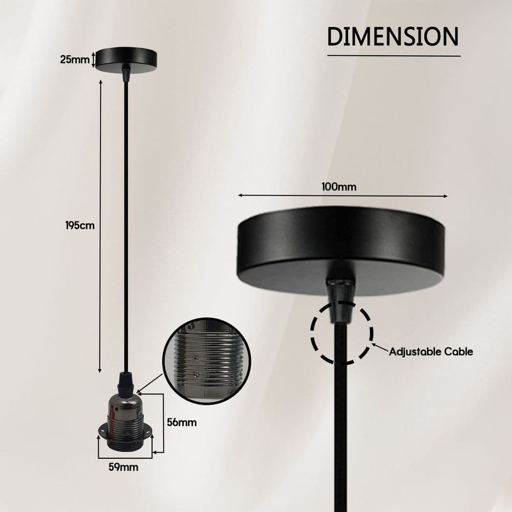 image-Vintage Industrial Black Pendant Light Fitting, lampshade Holder Fitting Set with 2m Cable.