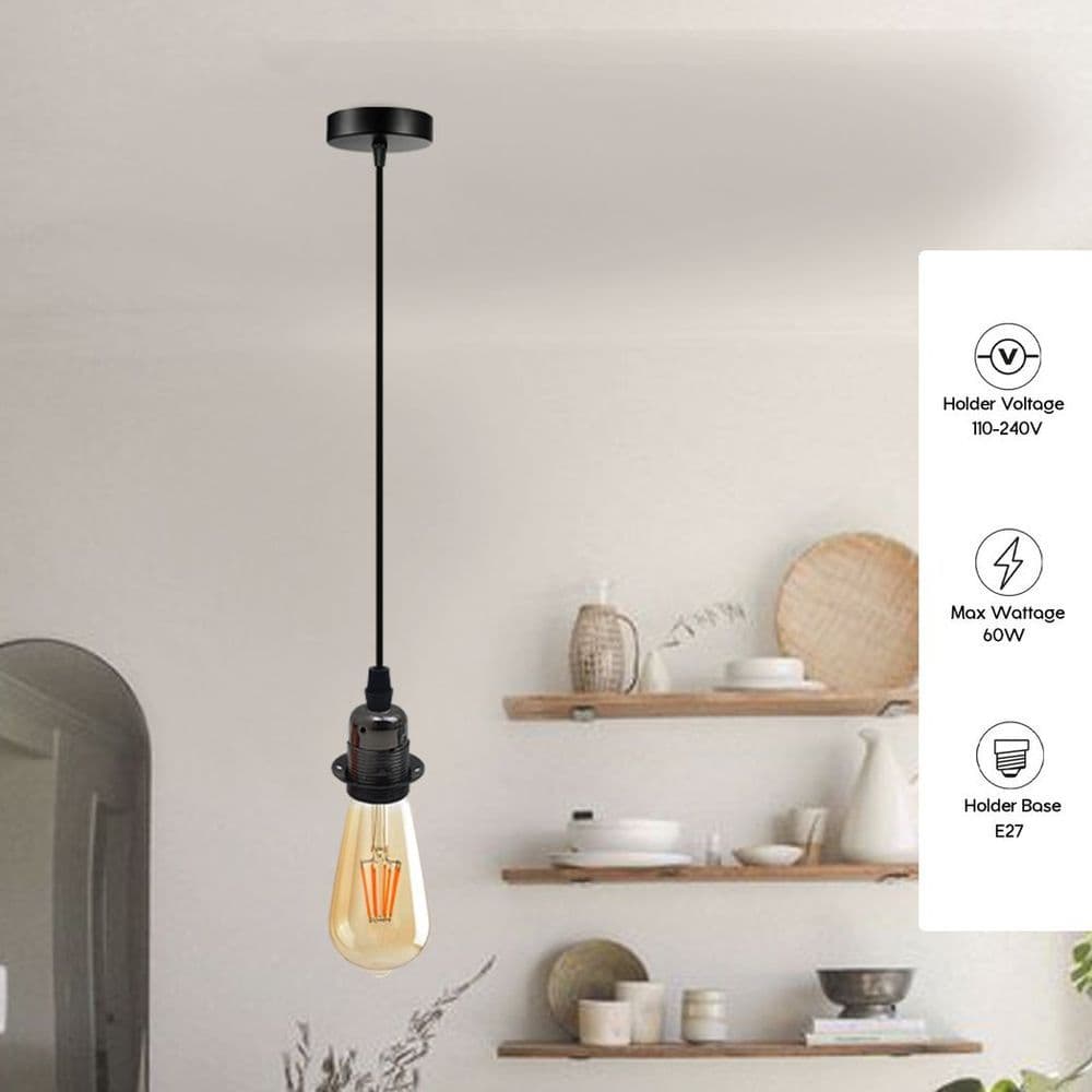 image-Vintage Industrial Black Pendant Light Fitting, lampshade Holder Fitting Set with 2m Cable.