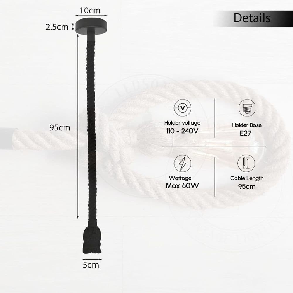 image-Vintage Ceiling Pendant Light 1m Black Colour Hemp Rope Hanging Lamp Lights