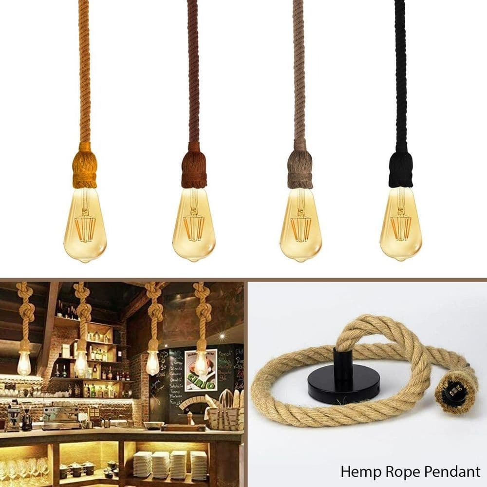 image-Vintage Ceiling Pendant Light 1m Black Colour Hemp Rope Hanging Lamp Lights