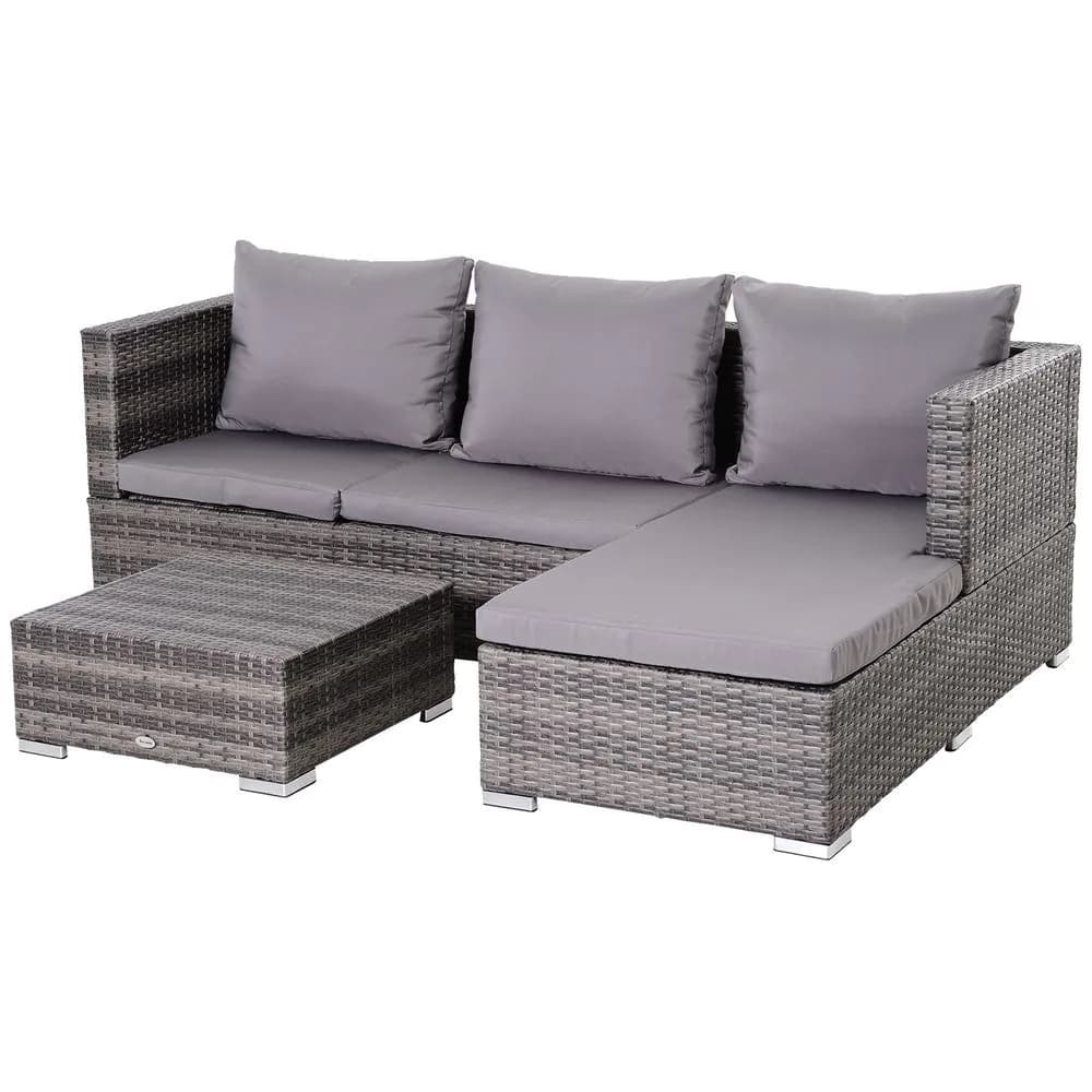 image-Outsunny Rattan Garden Sofa Set Storage Table Wicker Patio Lounger 4-Seater Grey
