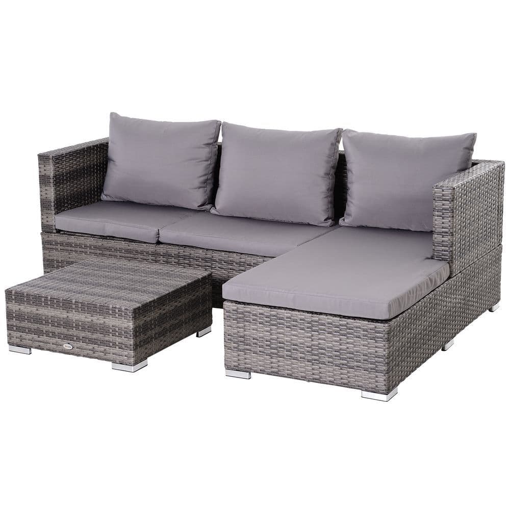 image-Outsunny Rattan Garden Sofa Set Storage Table Wicker Patio Lounger 4-Seater Grey