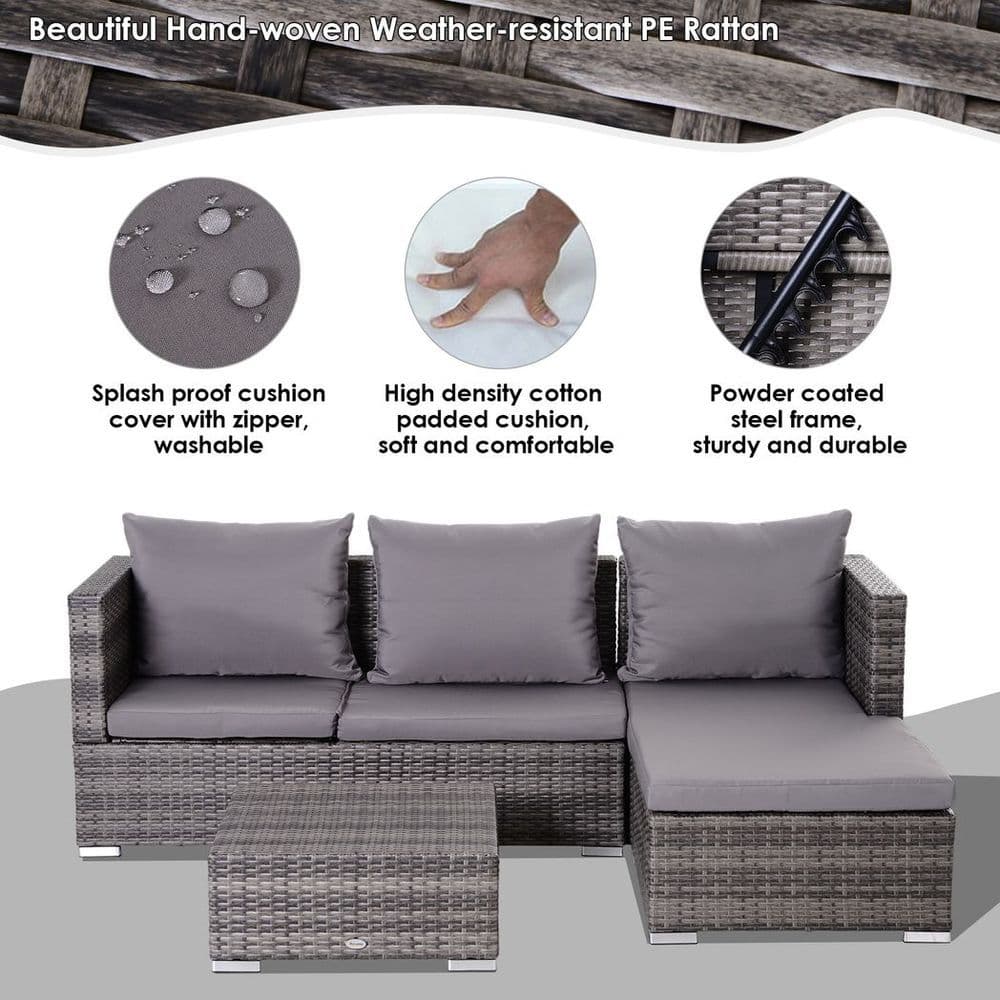 image-Outsunny Rattan Garden Sofa Set Storage Table Wicker Patio Lounger 4-Seater Grey