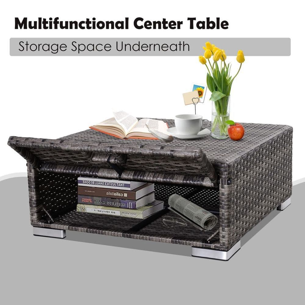 image-Outsunny Rattan Garden Sofa Set Storage Table Wicker Patio Lounger 4-Seater Grey