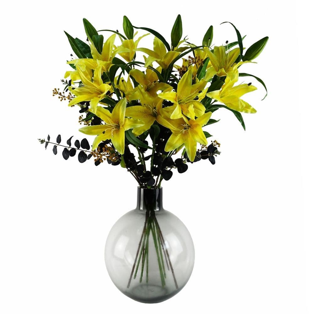 image-100cm Yellow Lily Black Eucalyptus Glass Ball Vase