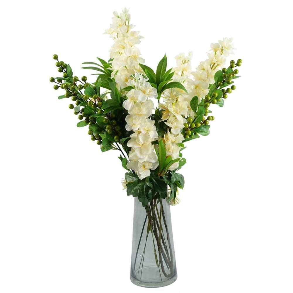 image-60cm Artificial Berry Delphinium Cream Flower Mix Glass Vase