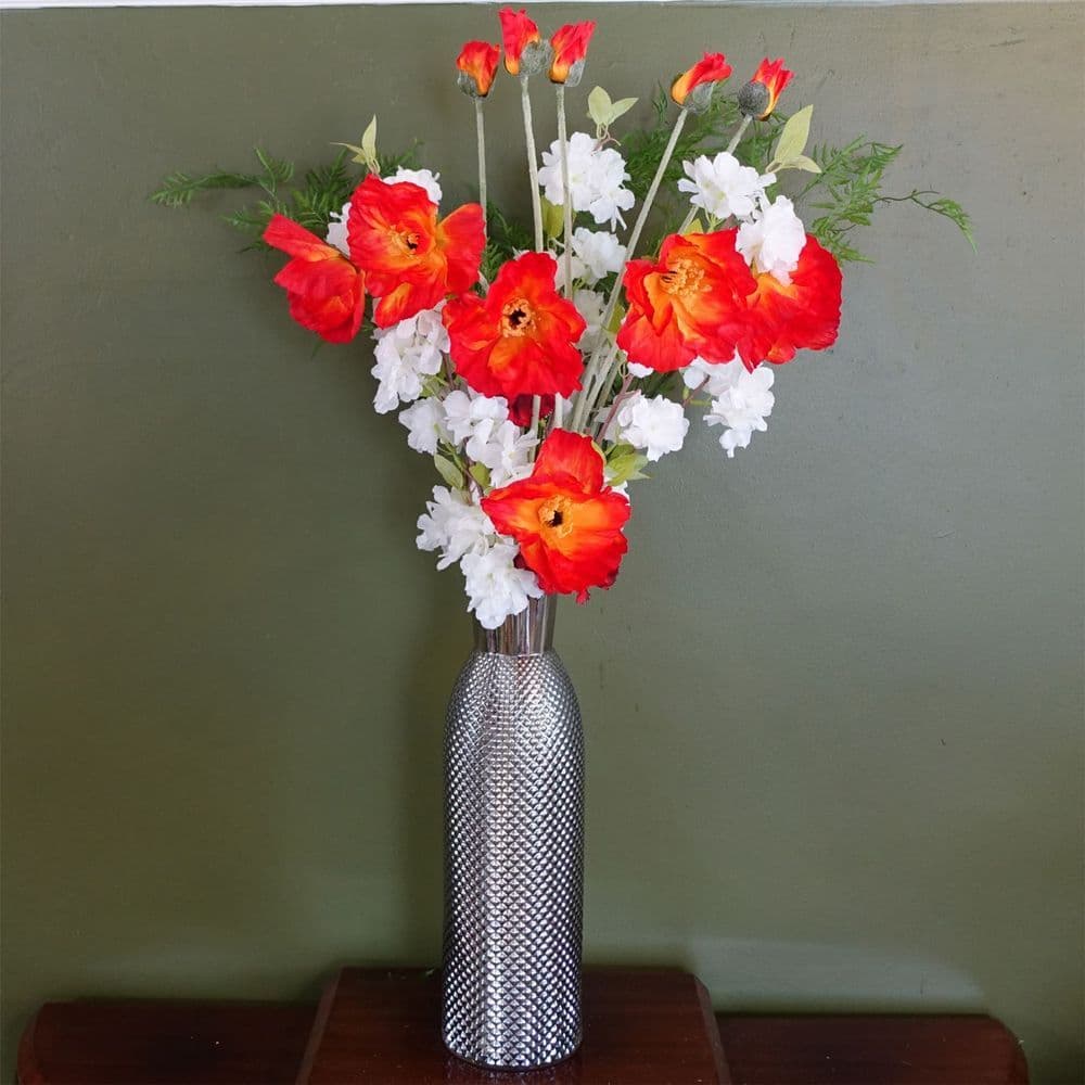 image-100cm Poppy and White Blossom Arrangement Glass Vase