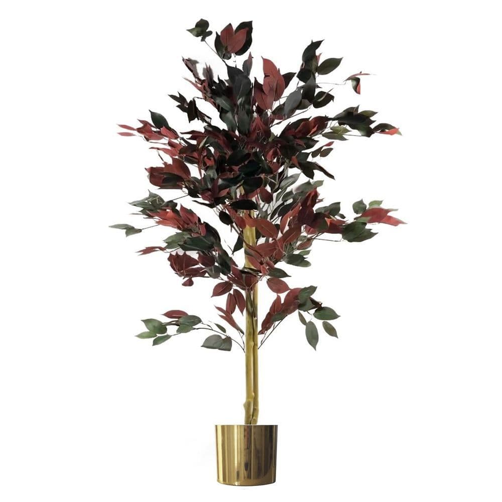 image-120cm (4ft) Artificial Dark Red Green Ficus Plant - Gold Planter