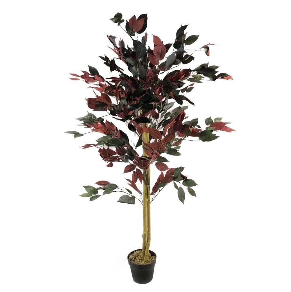 image-120cm (4ft) Artificial Dark Red Green Ficus Plant - Gold Planter