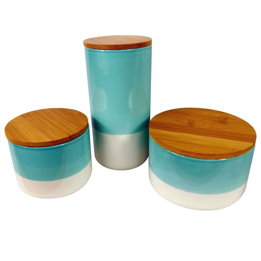 image-Set of Three Canisters Aqua Green Ceramic Storage Jars with Lids