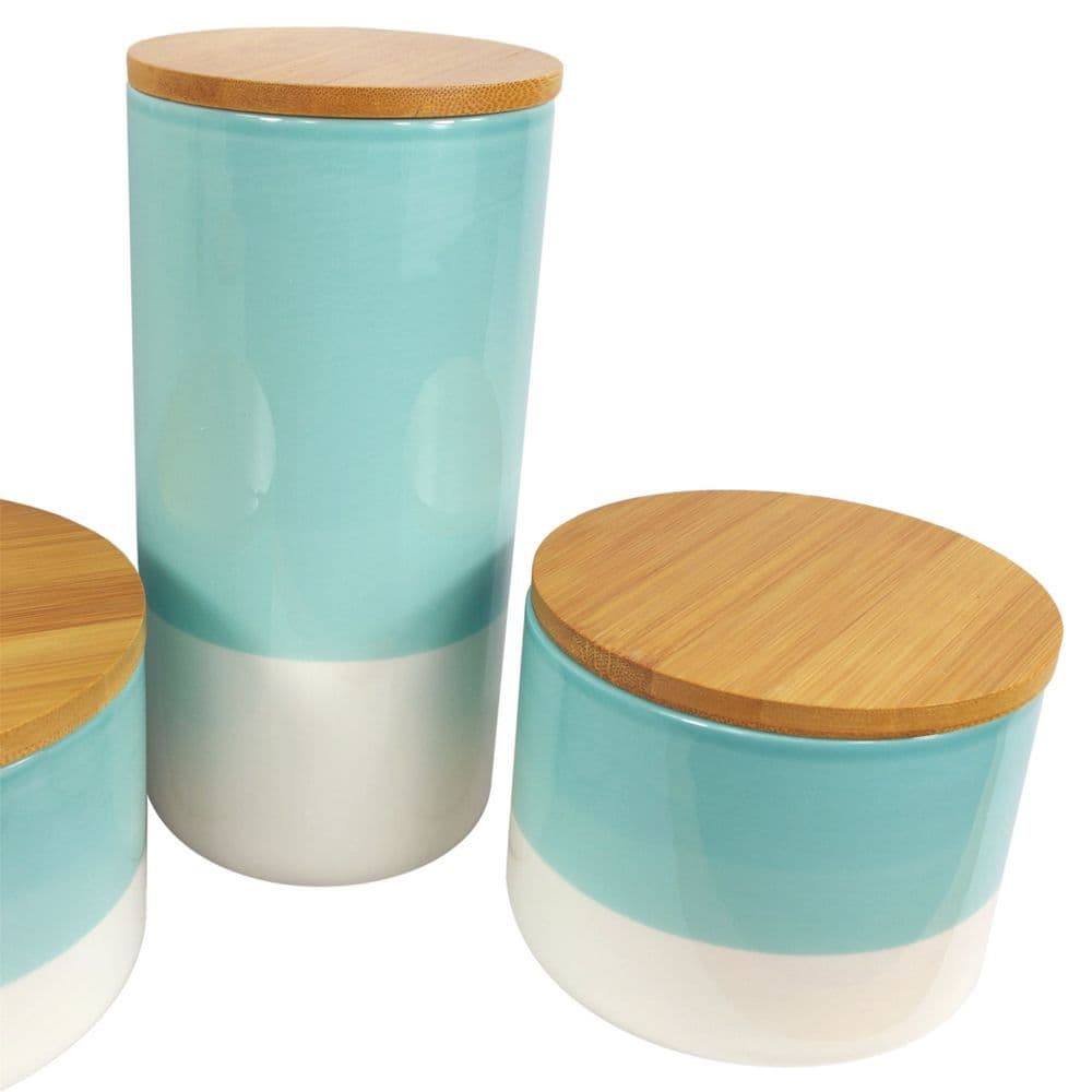 image-Set of Three Canisters Aqua Green Ceramic Storage Jars with Lids