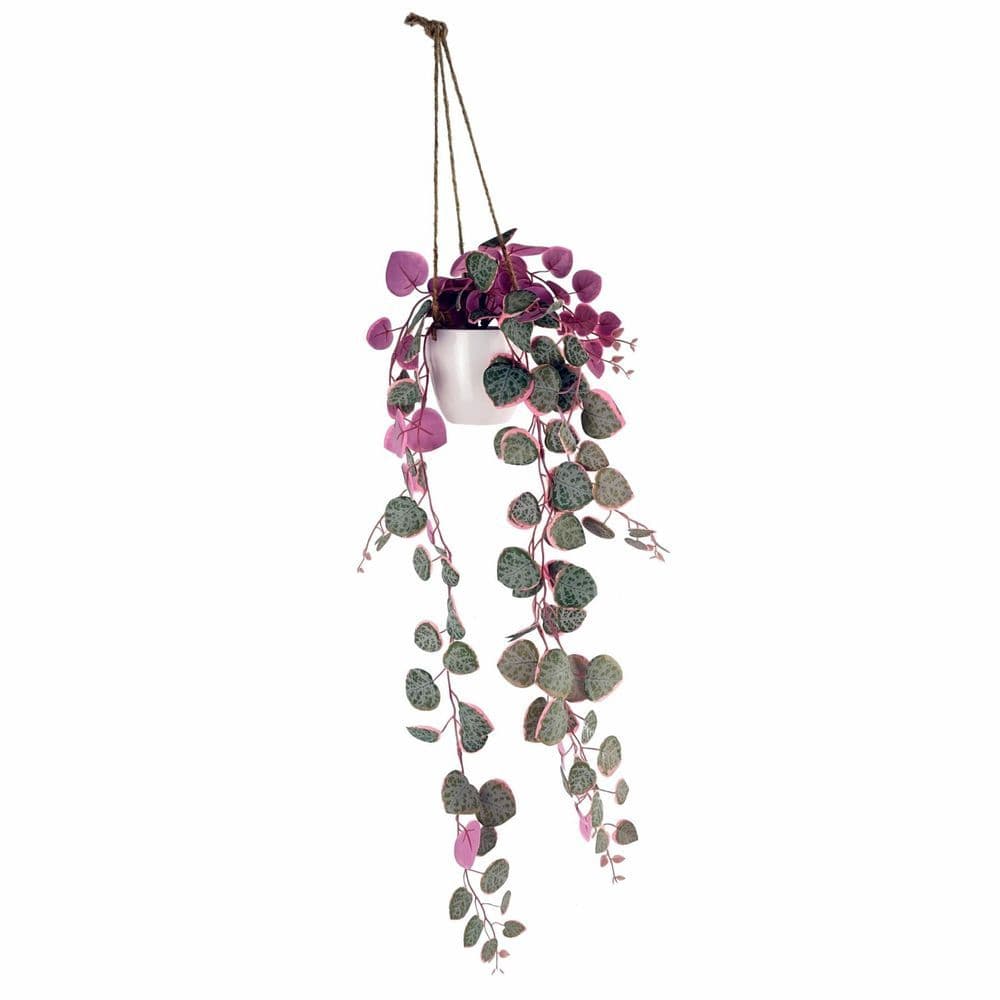 image-90cm Artificial Potted Trailing Hanging Pink Plant Realistic - String of Hearts