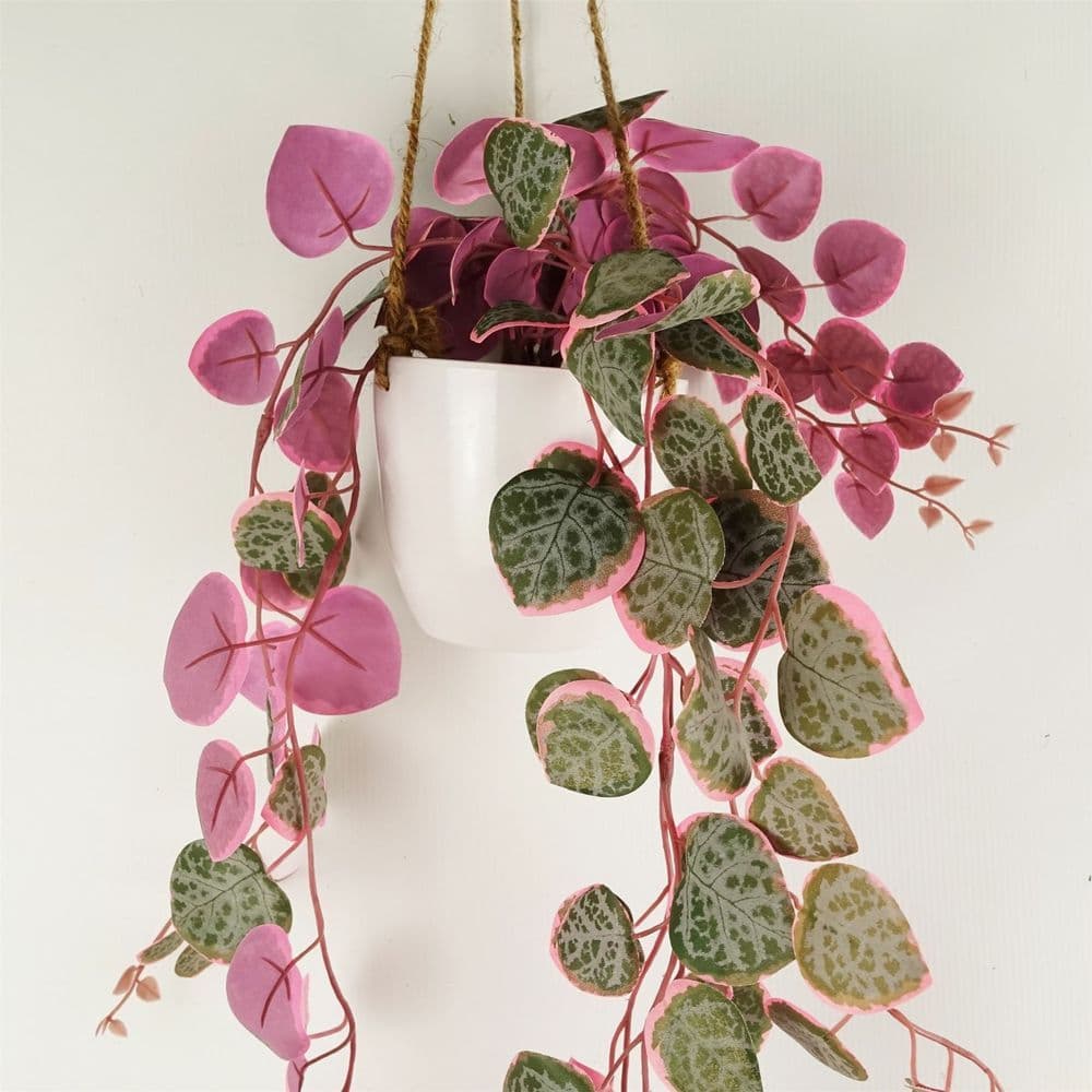 image-90cm Artificial Potted Trailing Hanging Pink Plant Realistic - String of Hearts