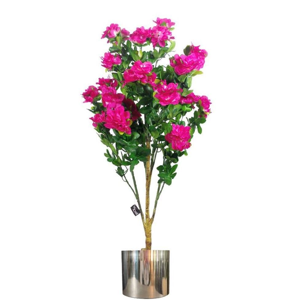 image-100cm Realistic Artificial Azalea Pink Flowers Potted Plant with Silver Metal Planter