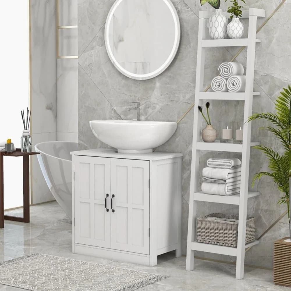 image-Bathroom Sink Cabinet, Pedestal Sink Cabinet with Adjustable Shelf, White-AS