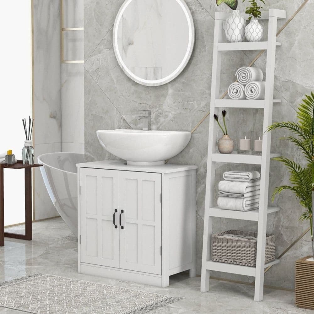 image-Bathroom Sink Cabinet, Pedestal Sink Cabinet with Adjustable Shelf, White-AS