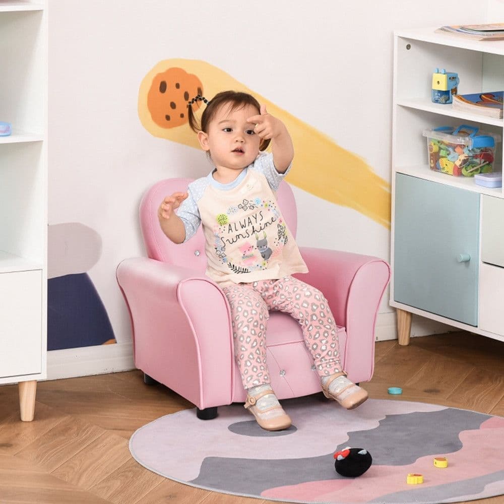 image-Qaba Kids Sofa Toddler Tufted Upholstered Sofa Chair Princess Couch with Diamond Decoration -AS