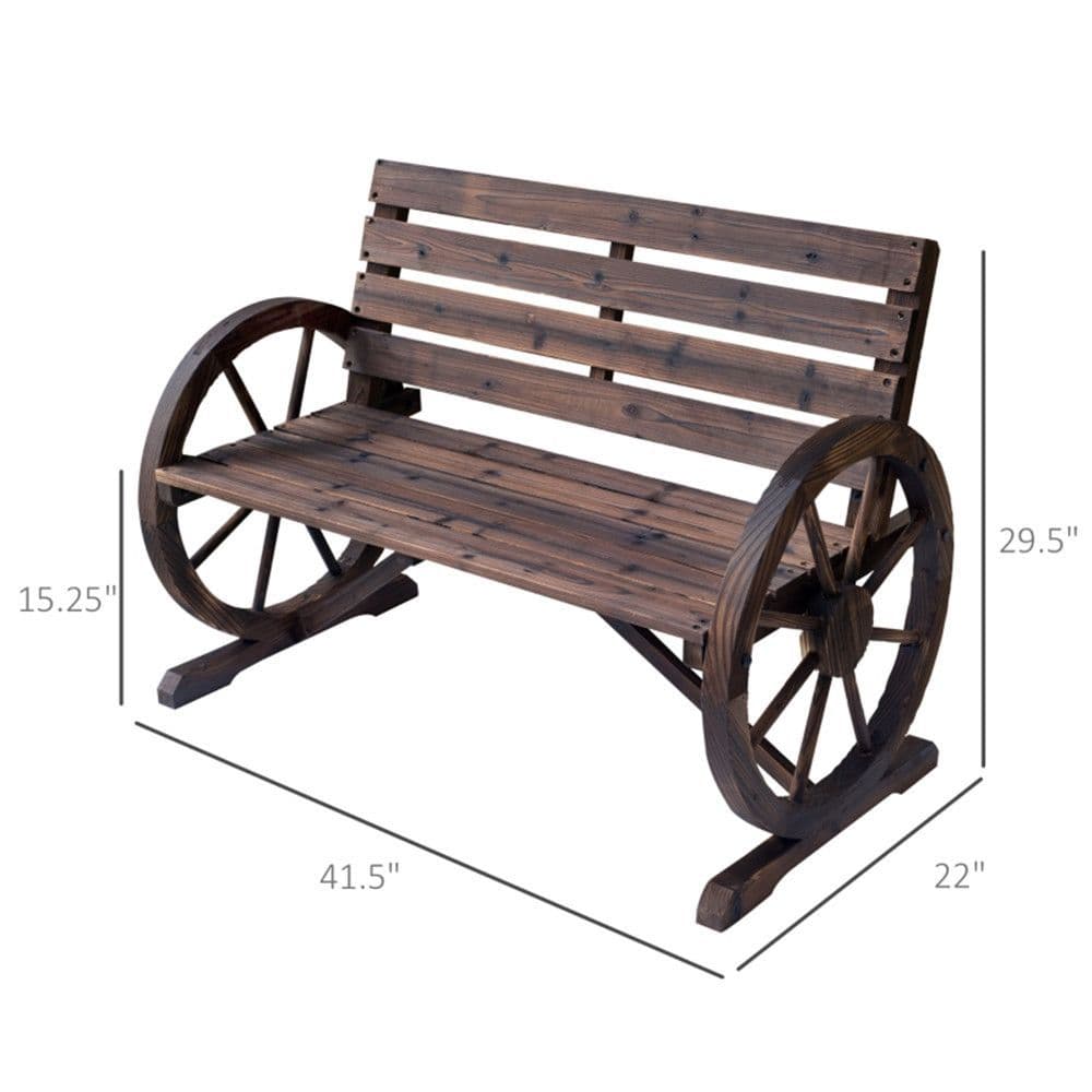 image-2-Person Seat Bench with Backrest Wooden Wagon Wheel Bench, Rustic Outdoor Patio Furniture-AS