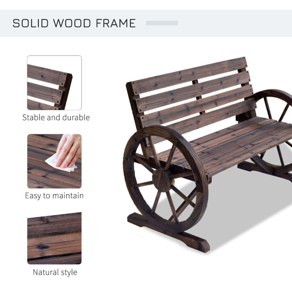 image-2-Person Seat Bench with Backrest Wooden Wagon Wheel Bench, Rustic Outdoor Patio Furniture-AS