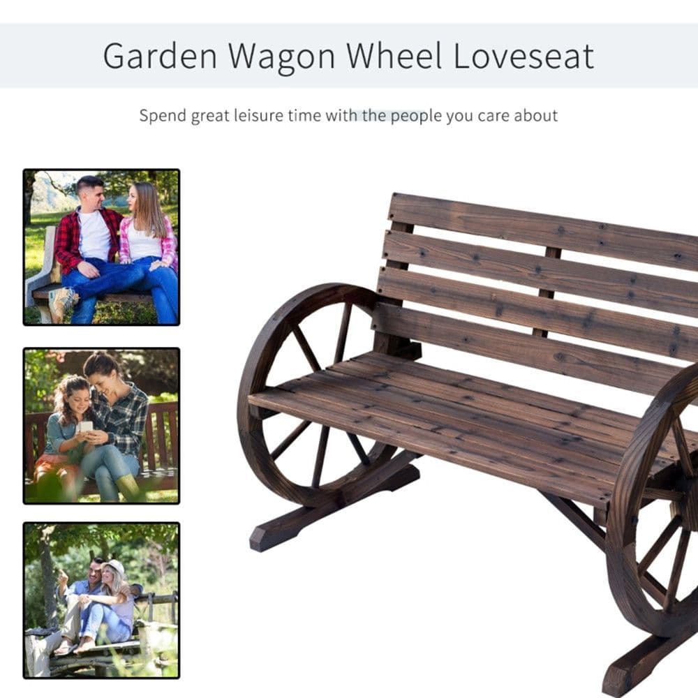 image-2-Person Seat Bench with Backrest Wooden Wagon Wheel Bench, Rustic Outdoor Patio Furniture-AS