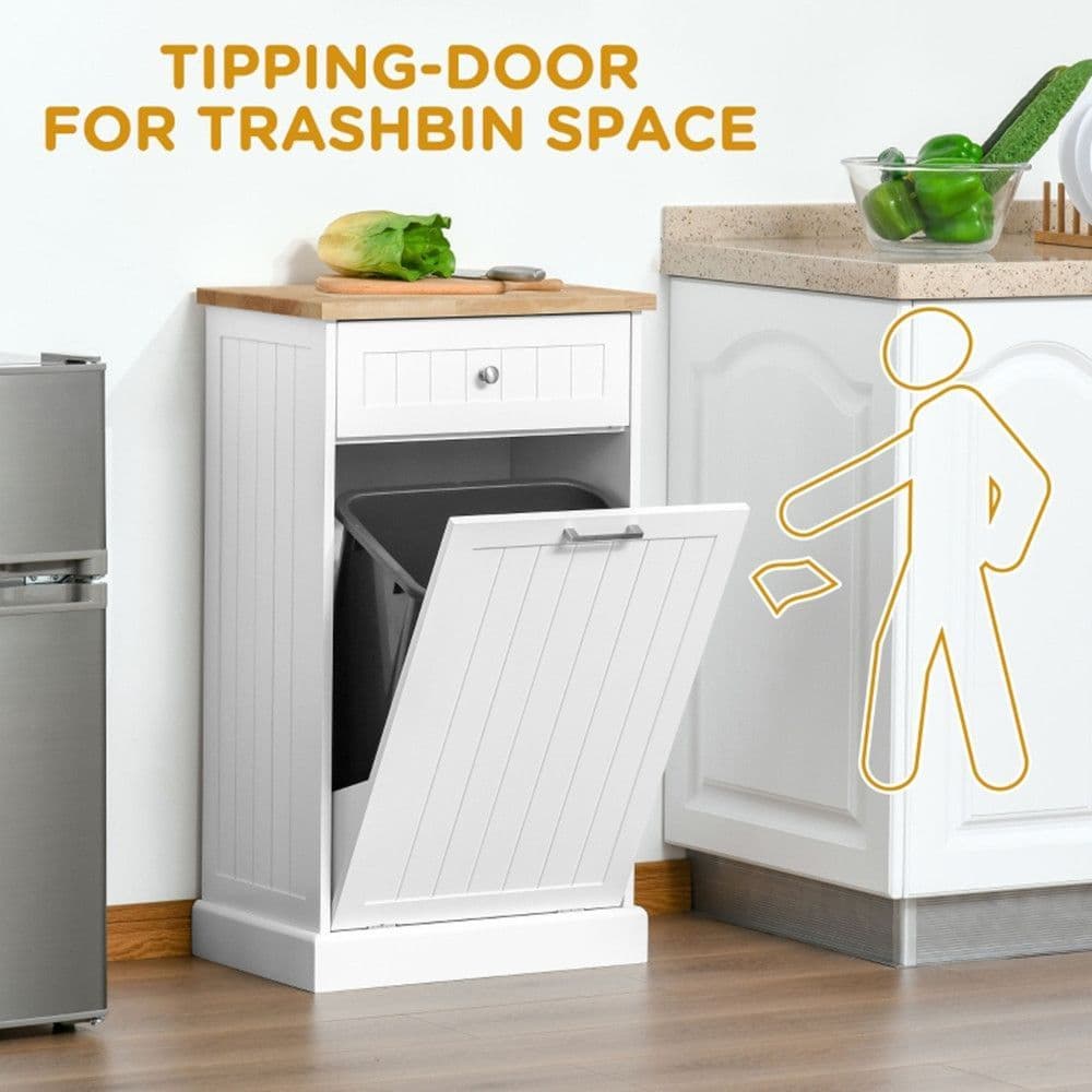 image-Kitchen Tilt Out Trash Bin Cabinet Free Standing Recycling Cabinet Trash Can Holder With Drawer, white-AS