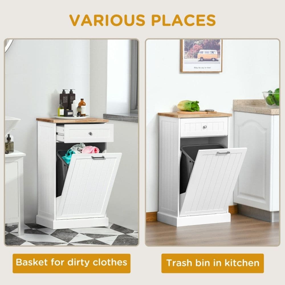 image-Kitchen Tilt Out Trash Bin Cabinet Free Standing Recycling Cabinet Trash Can Holder With Drawer, white-AS