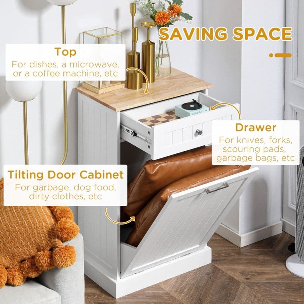 image-Kitchen Tilt Out Trash Bin Cabinet Free Standing Recycling Cabinet Trash Can Holder With Drawer, white-AS