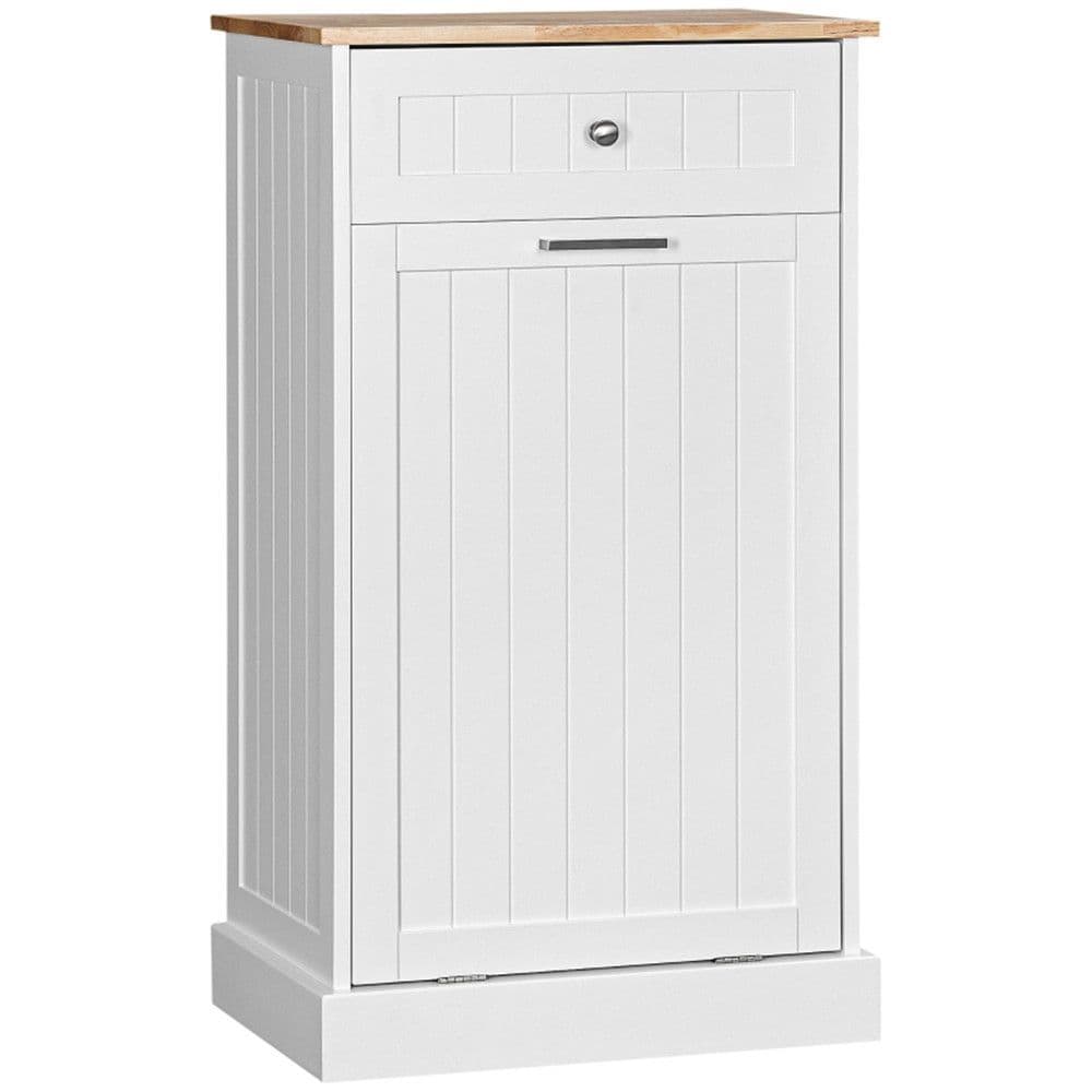 image-Kitchen Tilt Out Trash Bin Cabinet Free Standing Recycling Cabinet Trash Can Holder With Drawer, white-AS