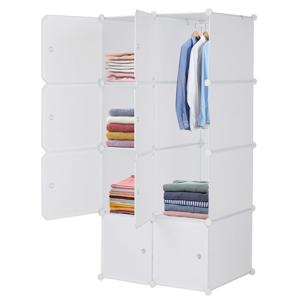 image-8 Cube Organizer Stackable Plastic Cube Storage Shelves Design Multifunctional Modular Closet Cabinet with Hanging Rod White