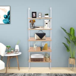 image-5-Shelf Wood Ladder Bookcase with Metal Frame, Industrial 5-Tier Modern Ladder Shelf Wood Shelves,Walnut